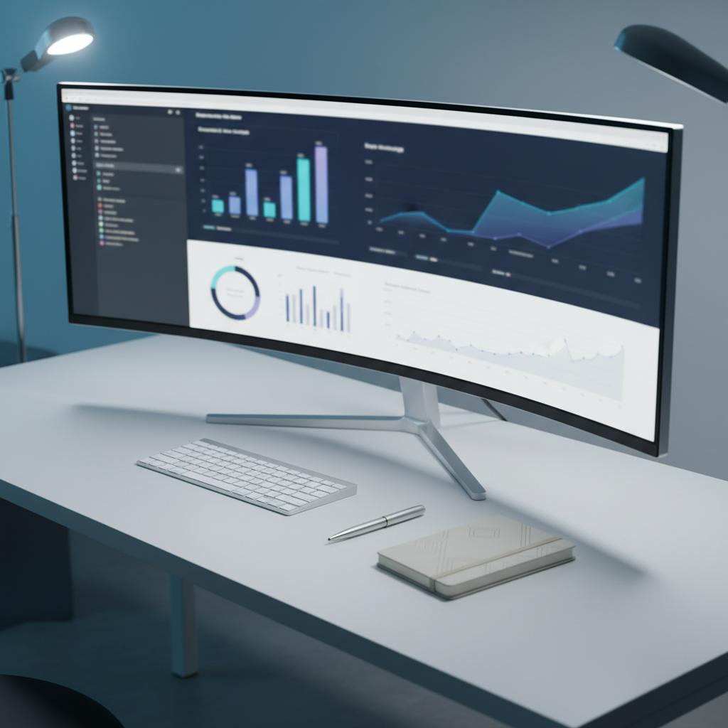 A minimalist, high-tech workspace featuring a large, ultra-wide monitor displaying a complex business analytics dashboard with charts, graphs, and flowing data visualizations, all intentionally out of focus to avoid readable text. The monitor sits on a pristine white desk with a slim keyboard, metal pen, and a closed notebook with subtle embossed patterns. Soft, cool studio lighting highlights the edges of the screen and casts gentle shadows across the desk surface. Shot from a slightly elevated angle, the composition emphasizes clarity and order, suggesting deep analysis and tailored consulting frameworks. The photographic style is clean and modern, with a quiet, focused mood suitable for a professional consulting firm.