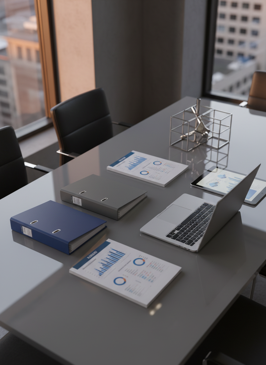 A precisely arranged, glass-topped meeting table displaying a curated spread of consulting materials: color-coded binders, neatly stacked briefing documents with visible but unreadable charts, a slim metallic laptop mid-fold, and a tablet showing a blurred strategic roadmap. Nearby, a geometric metal sculpture symbolizes interconnected business systems. Warm, indirect ceiling lighting combines with soft evening city light filtering through a nearby window, creating gentle reflections and layered shadows. Captured from a three-quarter overhead perspective with sharp focus throughout, the composition feels structured, trustworthy, and methodical, evoking premium consulting services, engagement models, and partnership options in refined photographic realism.