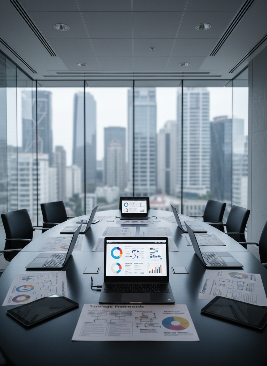 A sleek, glass-walled executive conference room centered around a large, matte-black oval table covered with neatly arranged digital tablets, open laptops displaying dashboards, and printed strategy frameworks with colorful diagrams. Through the floor-to-ceiling windows, a modern city skyline appears softly blurred. Cool, diffused daylight pours in, creating crisp reflections on the glass surfaces and subtle shadows along the table’s edge. Photographed at eye level with a slight wide-angle view, the entire room feels open, precise, and focused. The mood is professional and analytical, conveying high-level business consulting and deep strategic thinking, captured in clean, contemporary photographic realism with a calm, confident atmosphere.